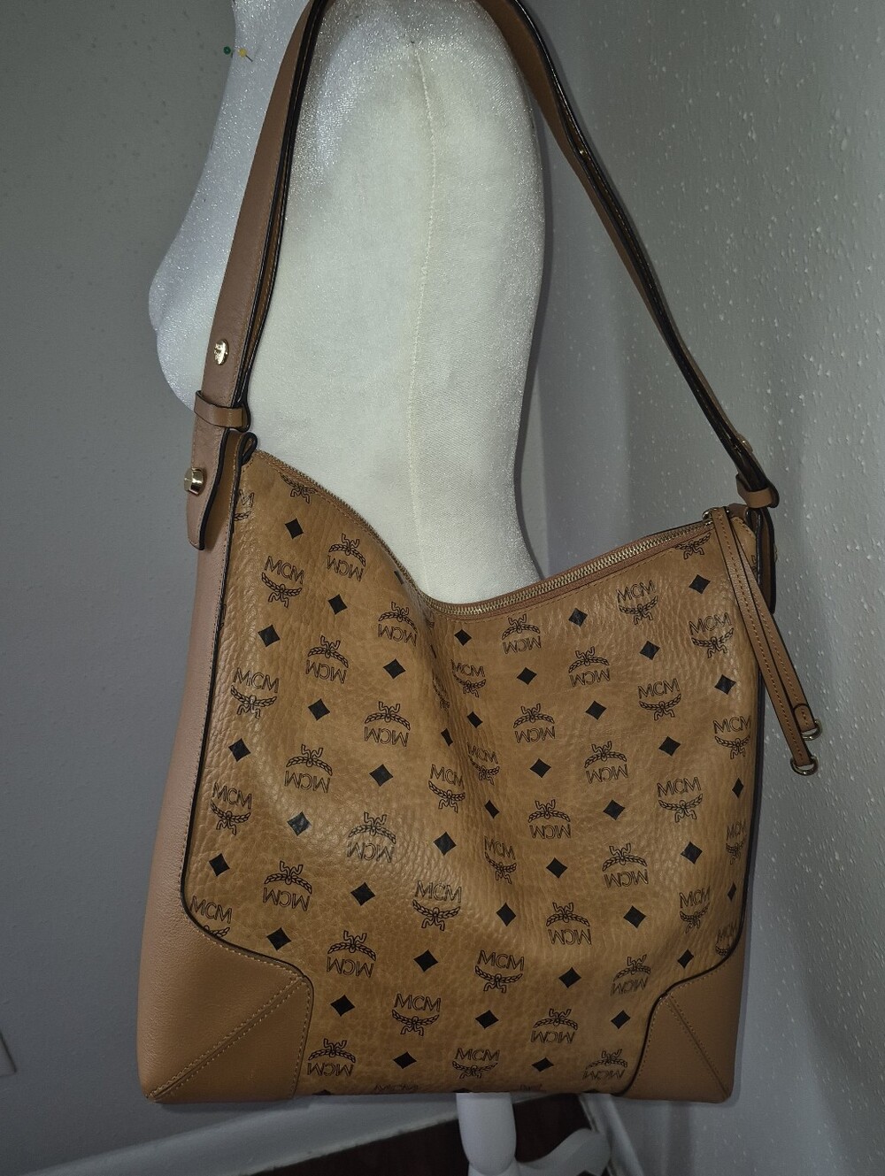 MCM Cognac/Light Brown Visetos Hobo Shoulder Bag Large